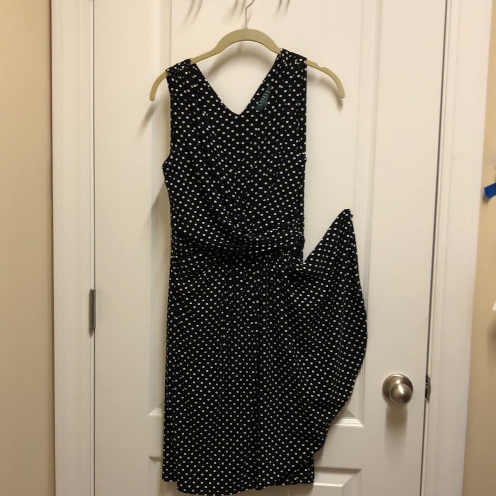 Black and white polka dot faux wrap dress